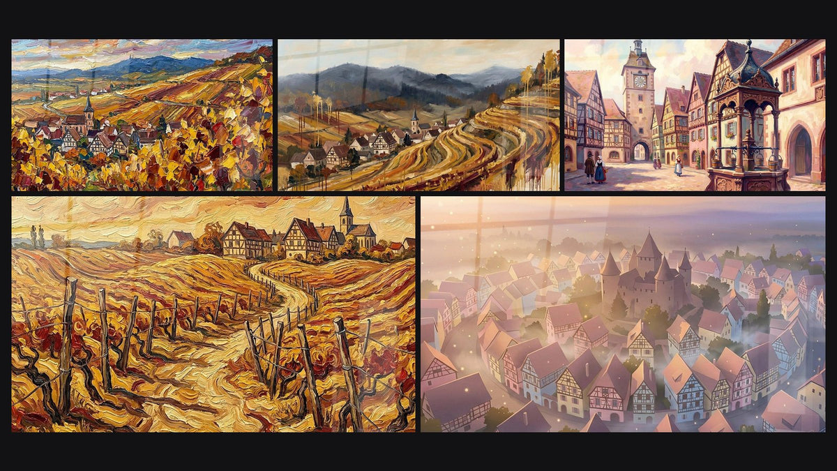 Mosaïque de cinq tableaux, dont Village Alsacien Automne, Village Alsacien Vignobles et Village Alsacien Médiéval