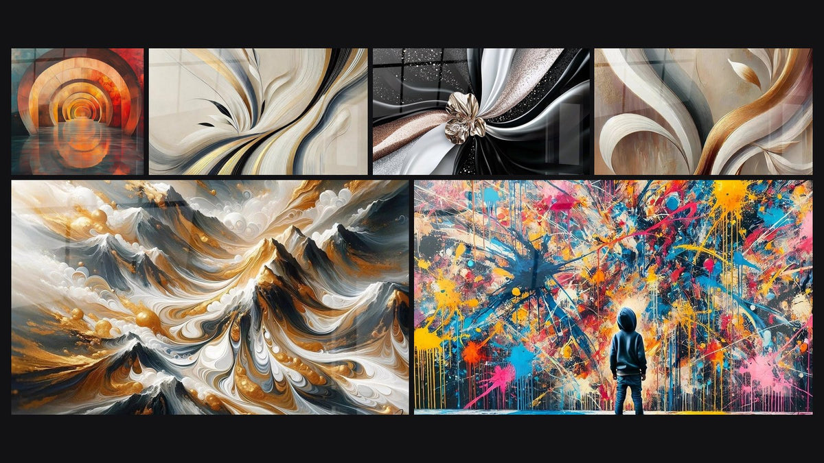 Mosaïque de six tableaux, dont Arches Méditatives Incandescentes Orange, Crêtes Dorées et Élan d'Harmonie