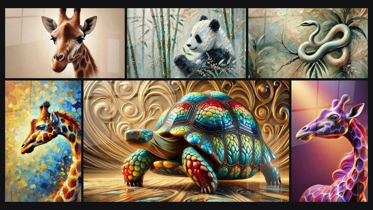 Mosaïque de six tableaux, dont Douceur Sauvage, Girafe en Aquarelle et Le Jardin du Panda
