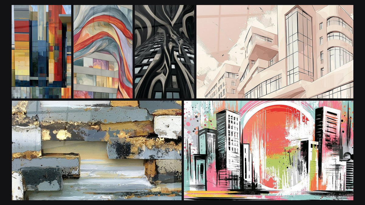 Mosaic of six paintings, including Red and Yellow Building with Mosaic Panels and Gray and Red Building with Waving Sail