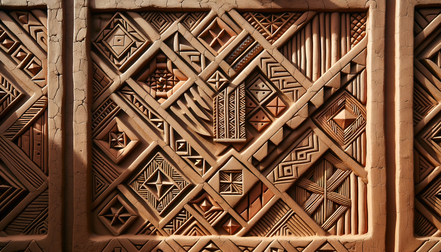 Décoration murale traditionnelle Haoussa en argile colorée avec motifs géométriques sculptés en relief, pigments naturels ocre et blanc