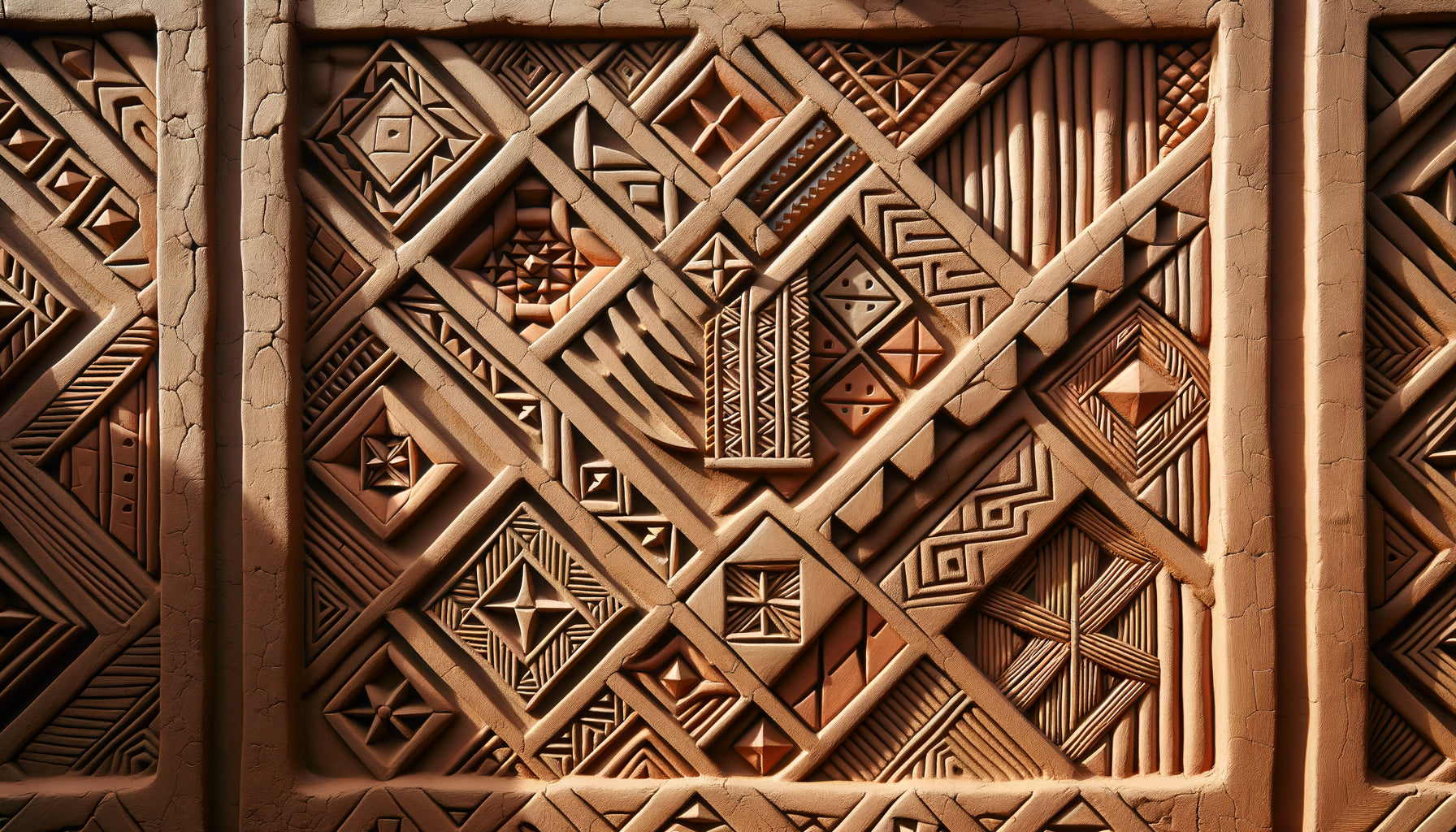 Décoration murale traditionnelle Haoussa en argile colorée avec motifs géométriques sculptés en relief, pigments naturels ocre et blanc
