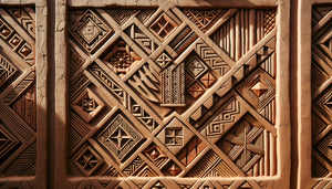 Décoration murale traditionnelle Haoussa en argile colorée avec motifs géométriques sculptés en relief, pigments naturels ocre et blanc