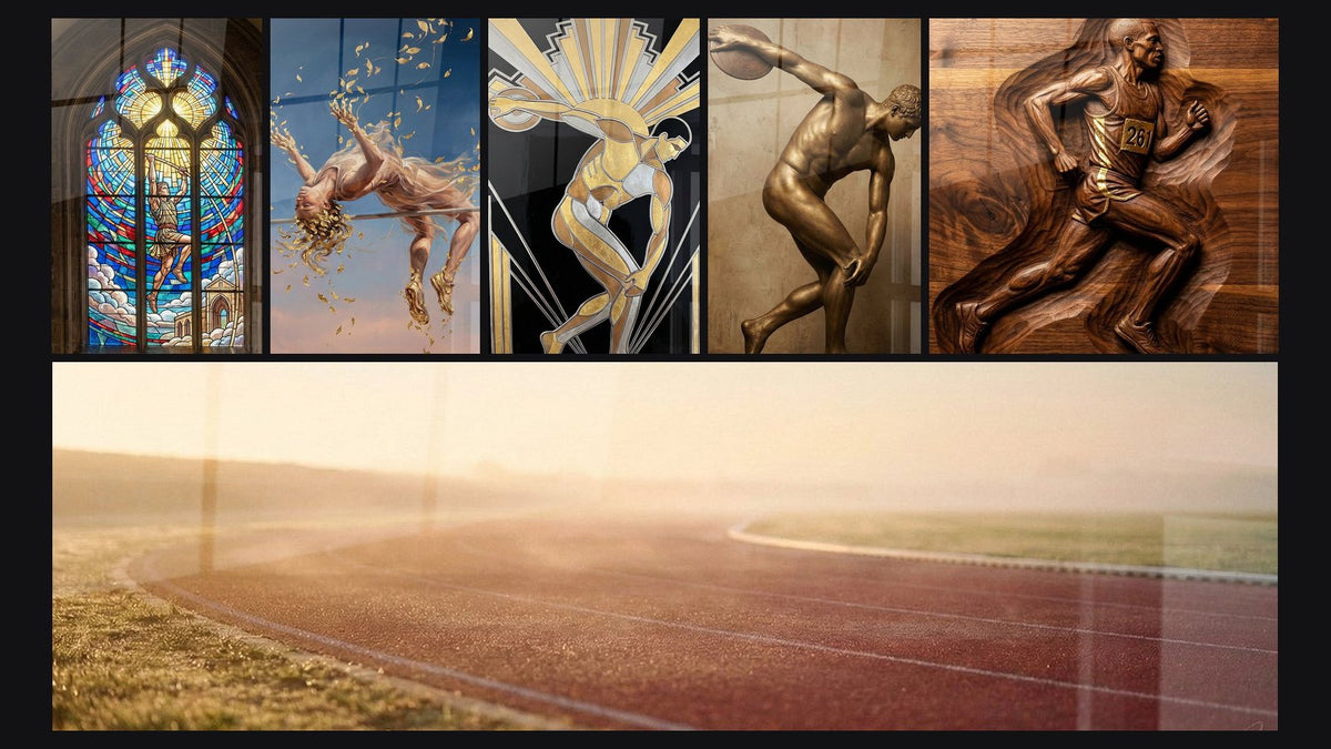 Mosaico di sei quadri, tra cui Vitrail Atleta Spirituale, Salto in Alto e Corridore Art Déco