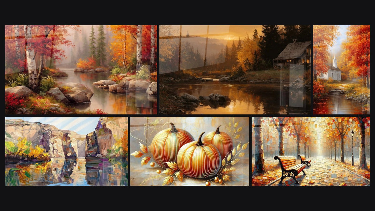 Mosaïque de six tableaux, dont Bouleaux Feuillage Écarlate, Canyon Automnal et Chalet refuge chaleureux