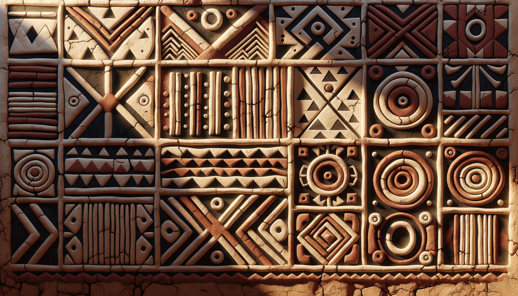 Décoration murale traditionnelle Bamana du Mali avec symboles géométriques sacrés du komo peints sur mur d'argile