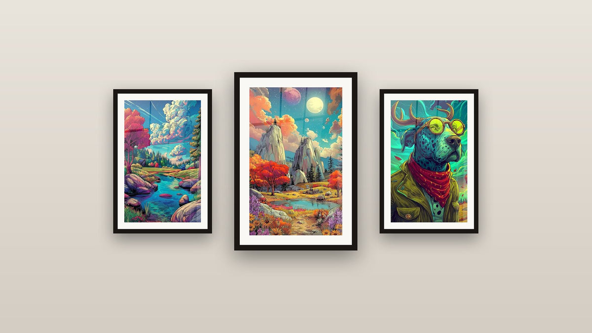 Mur de galerie avec trois tableaux encadrés : Paysage fantastique, Paysage fantastique rivière et Chien humanisé à cornes