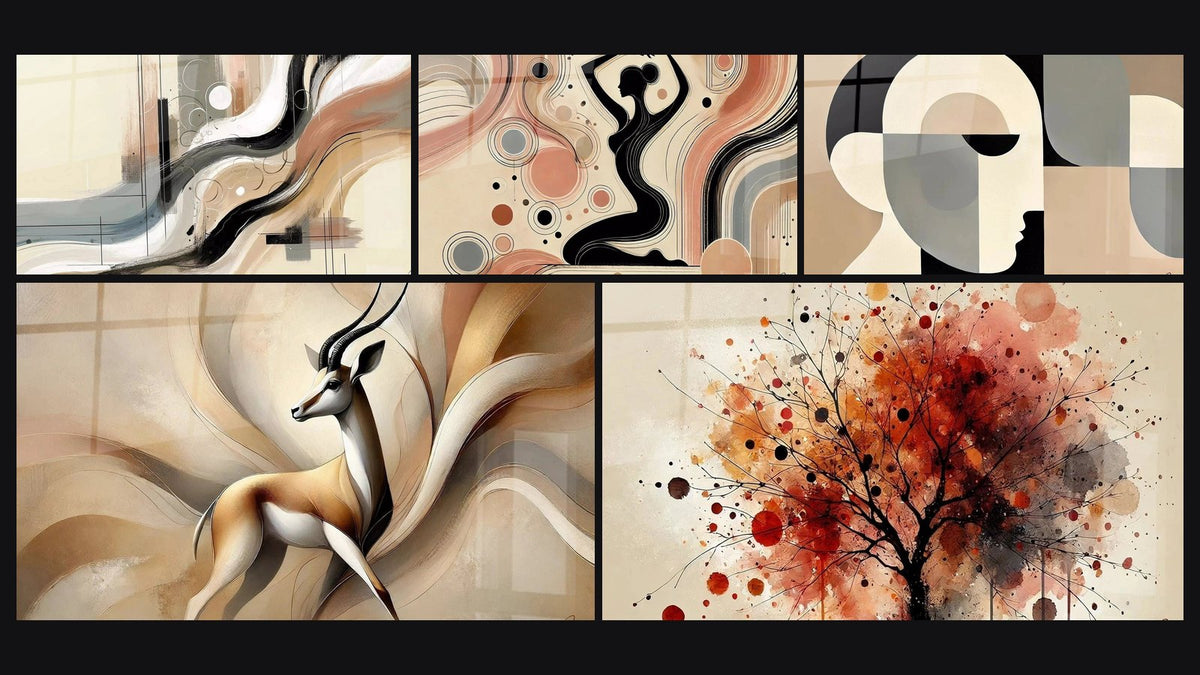 Mosaico de cinco cuadros, entre ellos Sillage Abstracto, Gracias de la Tierra y Poesía Geométrica