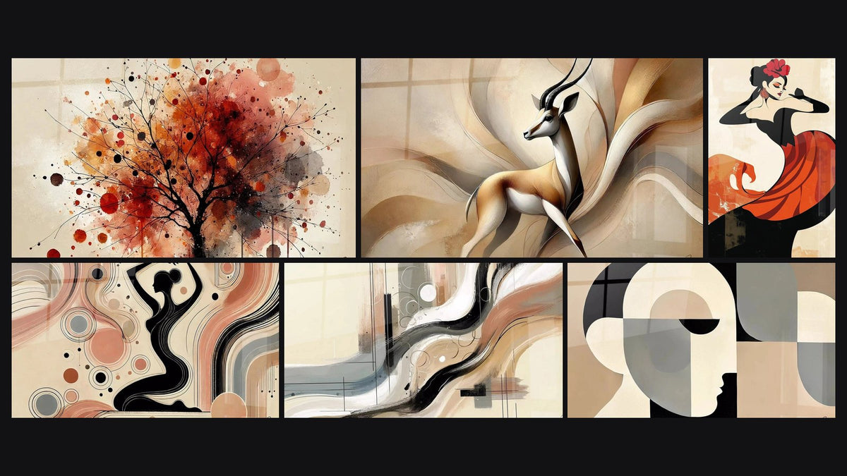 Mosaic of six paintings, including Abstract Forest, Graces of the Earth and Abstract Poetry