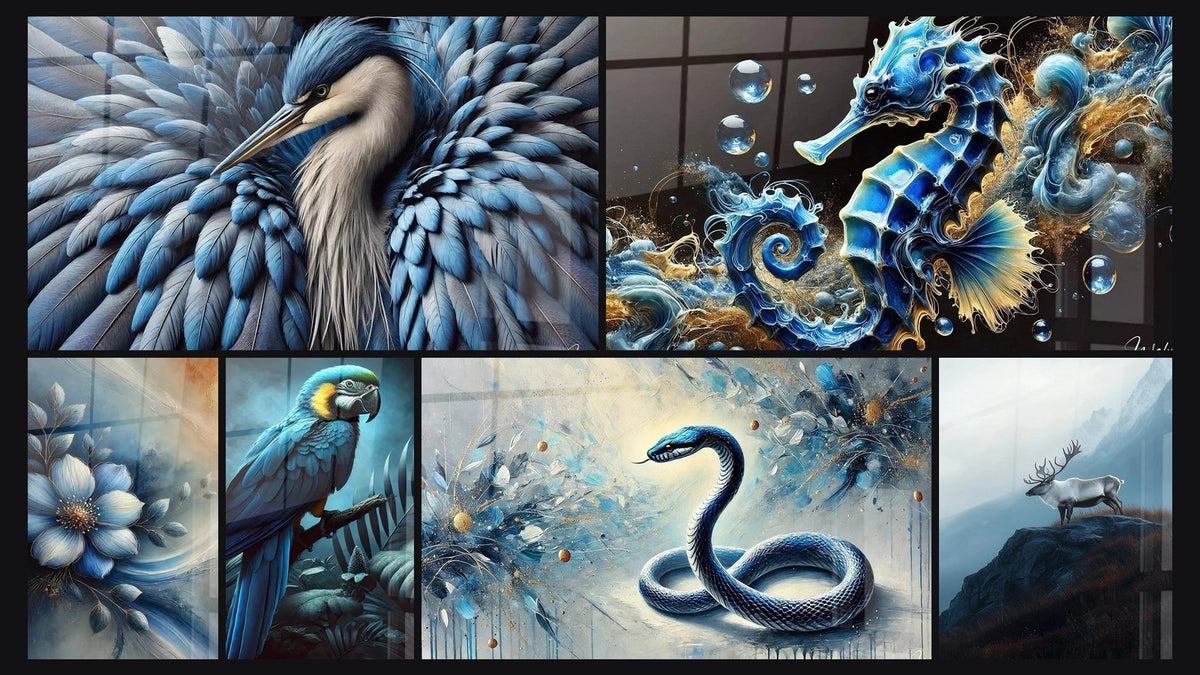Mosaïque de six tableaux, dont Bleu Royal, Bleu de Minuit et Plumes et Ombres