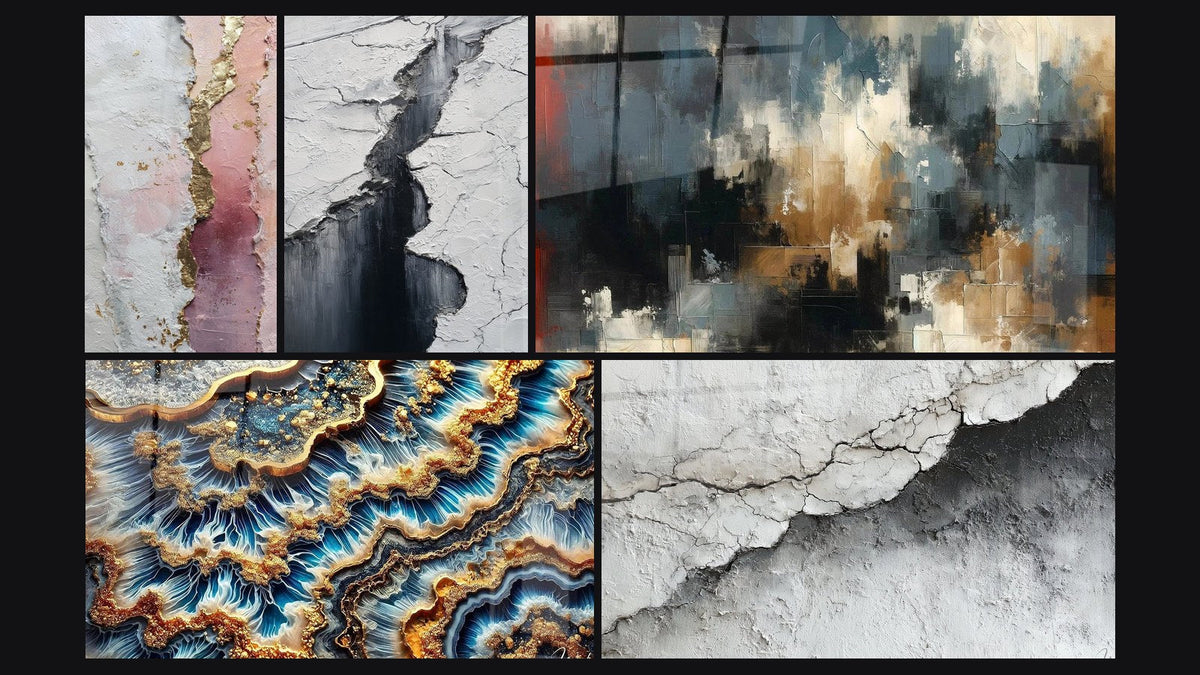 Mosaico de cinco cuadros, entre ellos Marea Dorada, Textura Mural Agrietada Blanco y Gris y Grieta Glaciar Gris y Negro