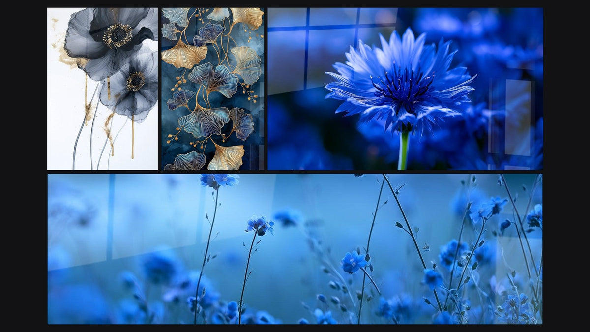 Mosaïque de quatre tableaux, dont Fleurs Bleues Dorées Aquarelle et Bleuet bleu et blanc à cœur sombre