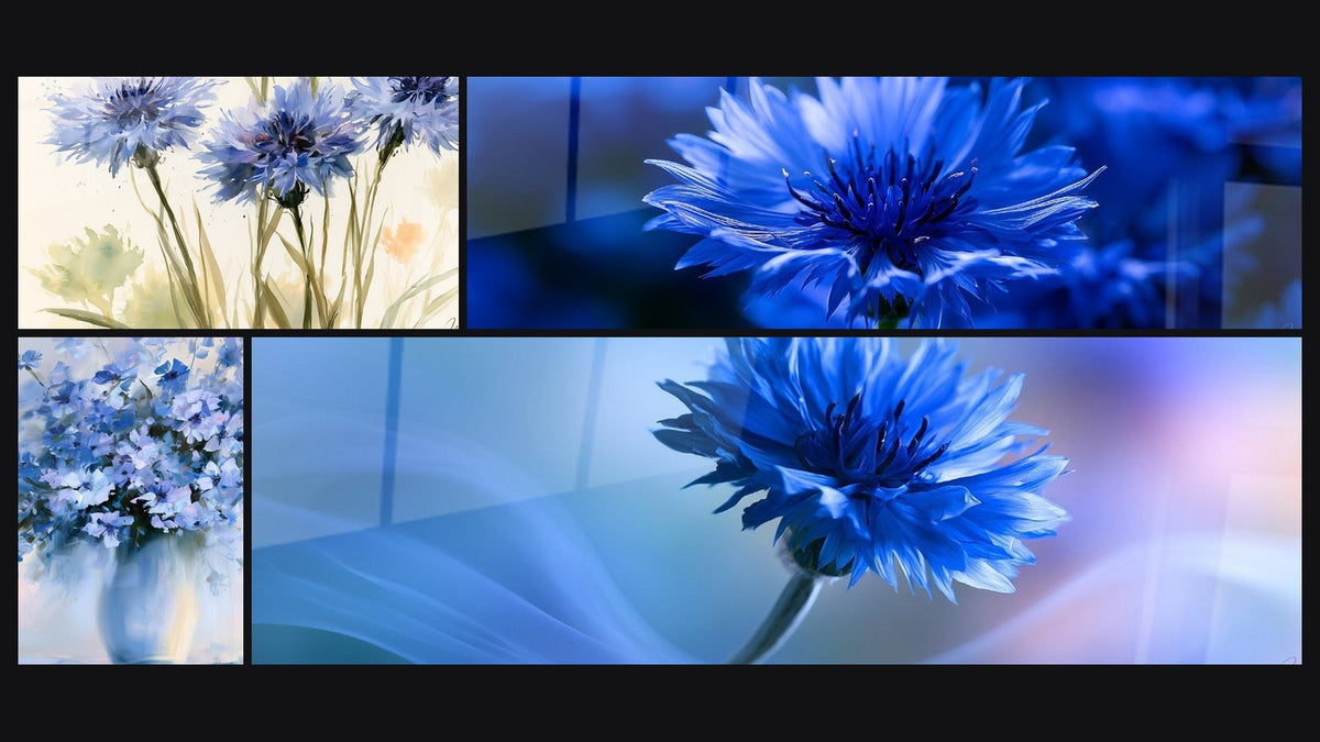 Mosaico di quattro quadri, tra cui Mazzo di Mirtilli Blu e Bianco e Papaveri con petali blu e bianco