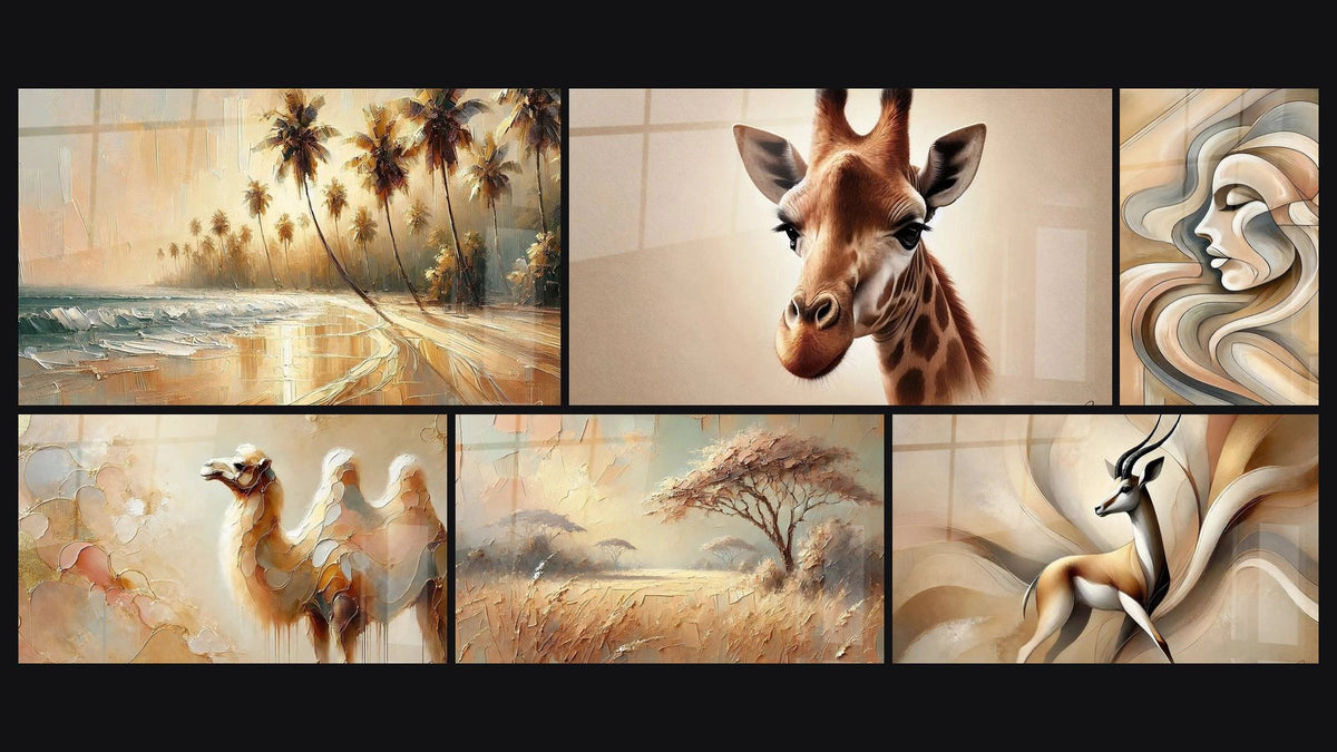 Mosaïque de six tableaux, dont Plénitude au Paradis, Grâces du Sahara et Paysage d’Afrique