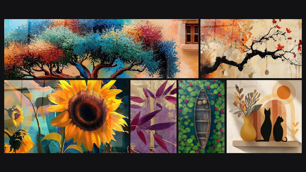 Mosaico di sei quadri, tra cui Girasole N°1, Di bambù dorato con foglie viola e magenta e Gatti Neri e Vaso Ocre su Mensola