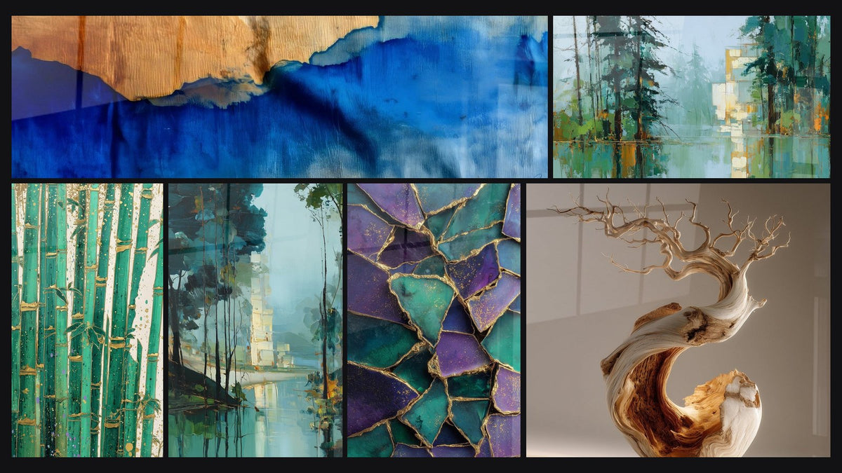 Mosaico de seis cuadros, entre ellos Olas azules y madera