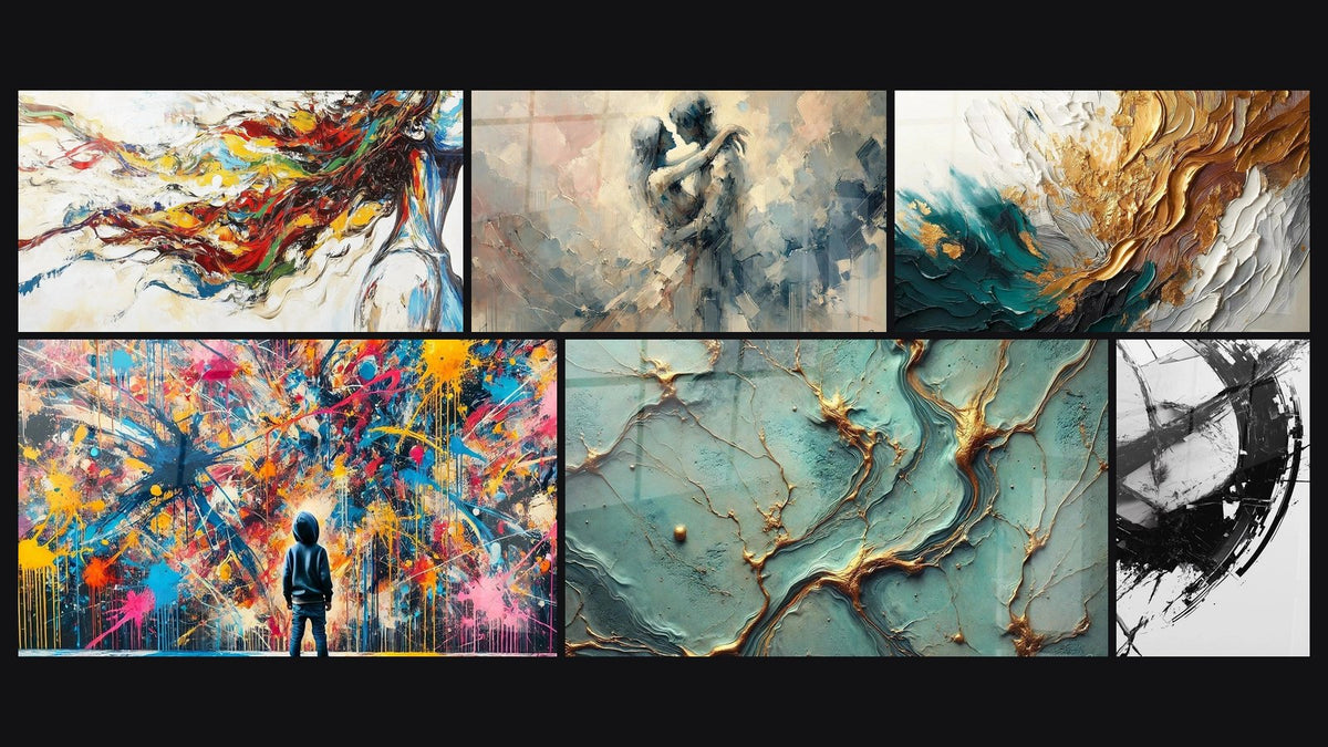 Mosaic of six paintings, including Modern Muse, Paint Bursts and Between Us