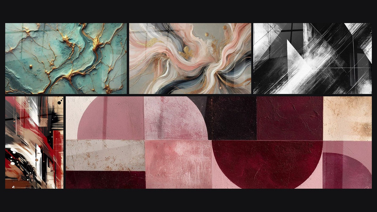 Mosaico de cinco cuadros, entre ellos Ríos de Oro, Flujos de Seda y Desorden Estructurado
