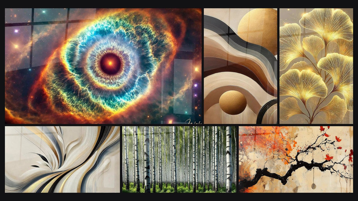 Mosaic of six paintings, including Universe Iris, Harmony Flow and Serenity in Curves