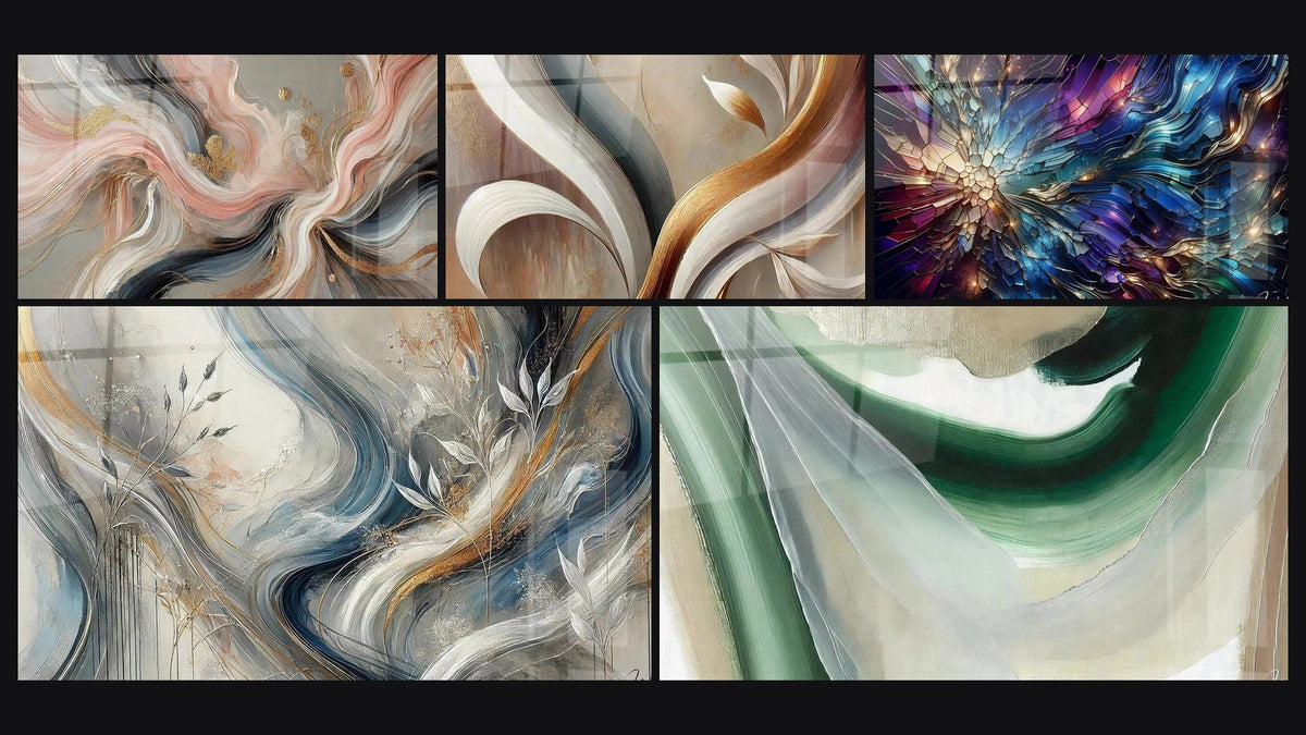 Mosaïque de cinq tableaux, dont Flots de Soie, Nuances Enveloppantes et Soie d'Émeraude
