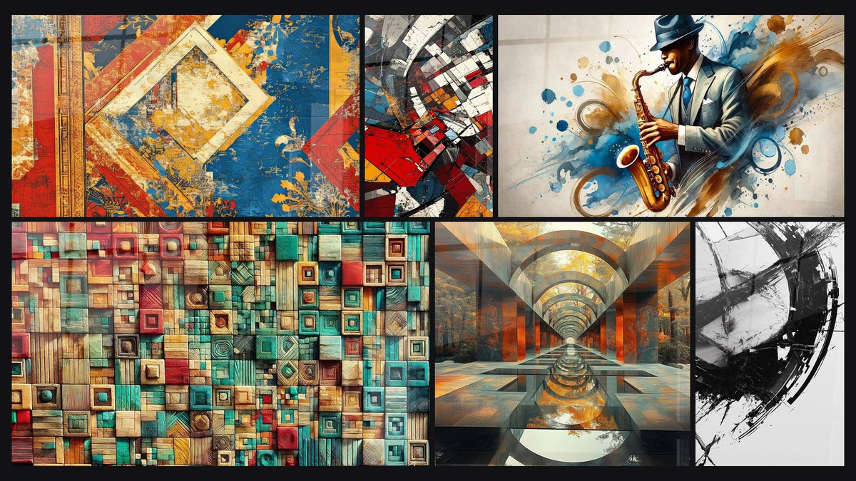 Mosaïque de six tableaux, dont Composition géométrique colorée, Imbrication des Couleurs et Passage Temporel Rouille