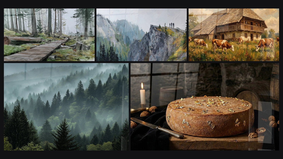 Mosaïque de cinq tableaux, dont Forêt Vosgienne, Montagne Vosgienne et Ferme Vosgienne