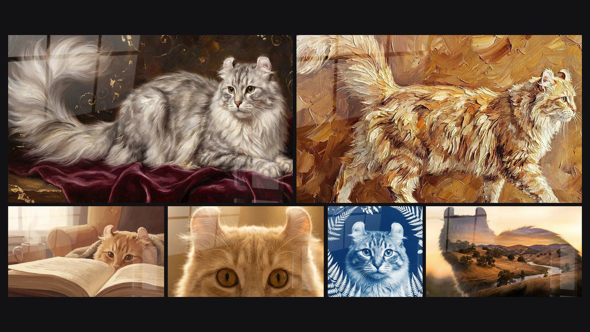 Mosaïque de six tableaux, dont Chat American Curl Aristocratique, Chat American Curl Lecture et Chat American Curl Roux