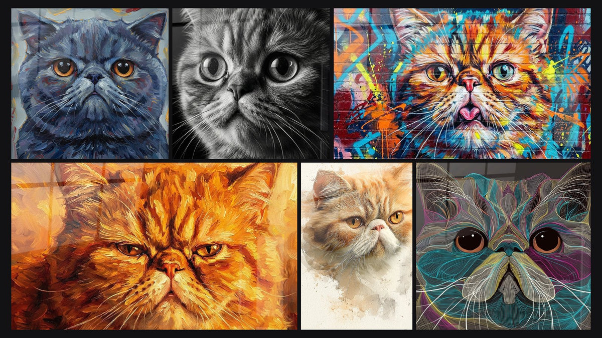 Mozaika sześciu obrazów, w tym Portret Realistyczny Kot Exotic Shorthair i Kota Exotic Shorthair Portret