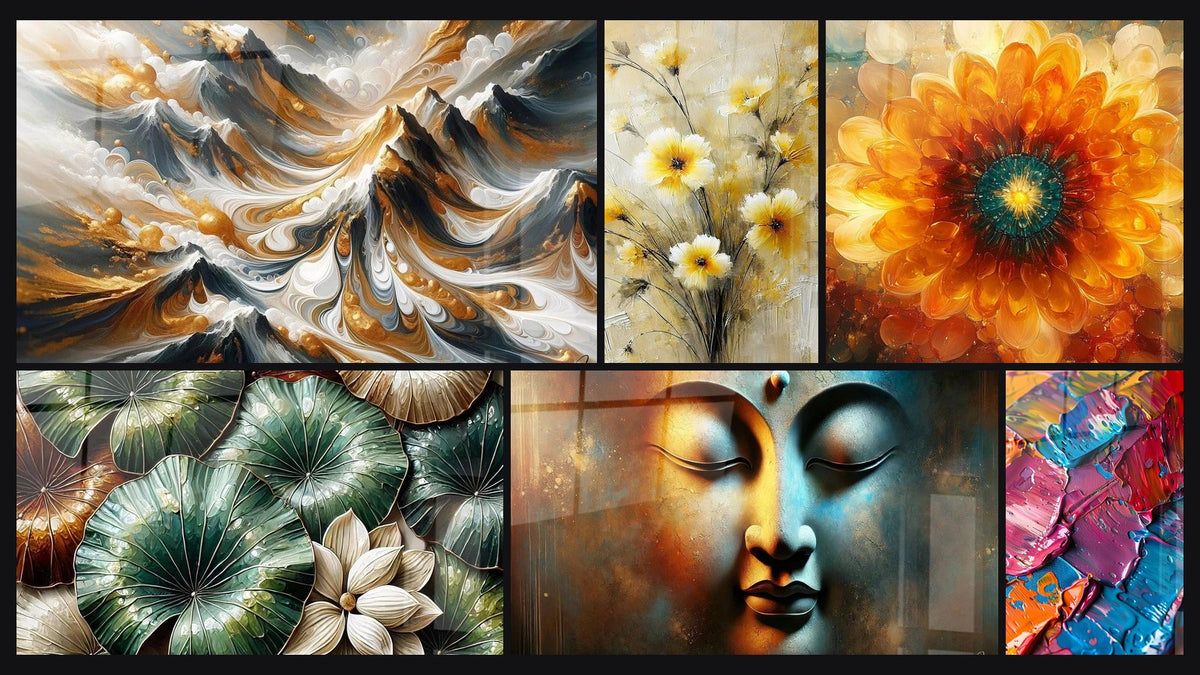 Mosaïque de six tableaux, dont Crêtes Dorées, Effleurement Doré et Jardin des Reflets
