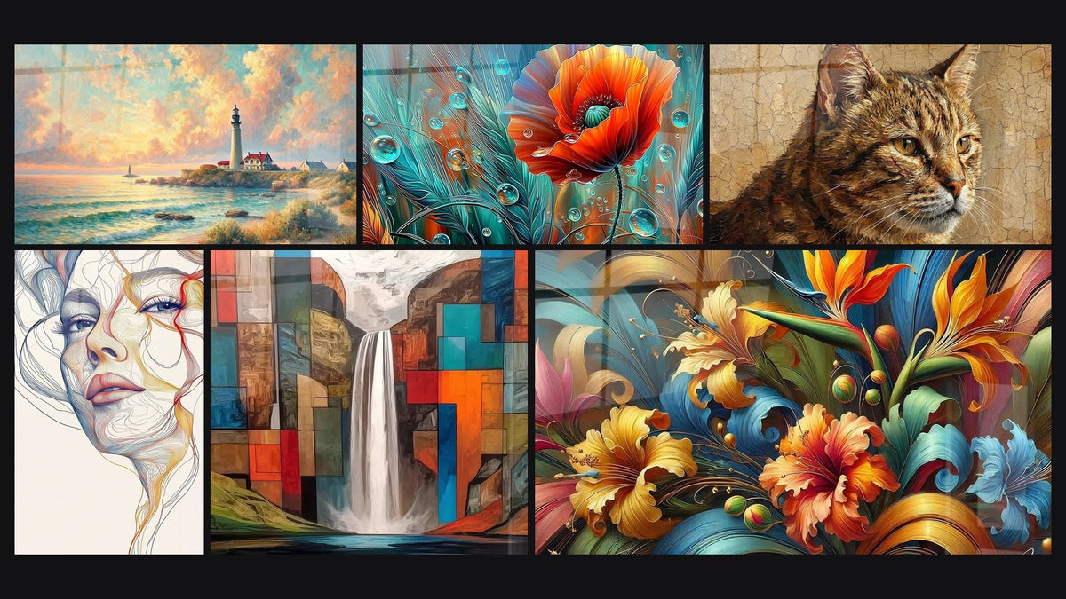 Mosaico de seis cuadros, entre ellos Amanecer en el Faro y Línea de Alma -Edición Rostro Abstracto