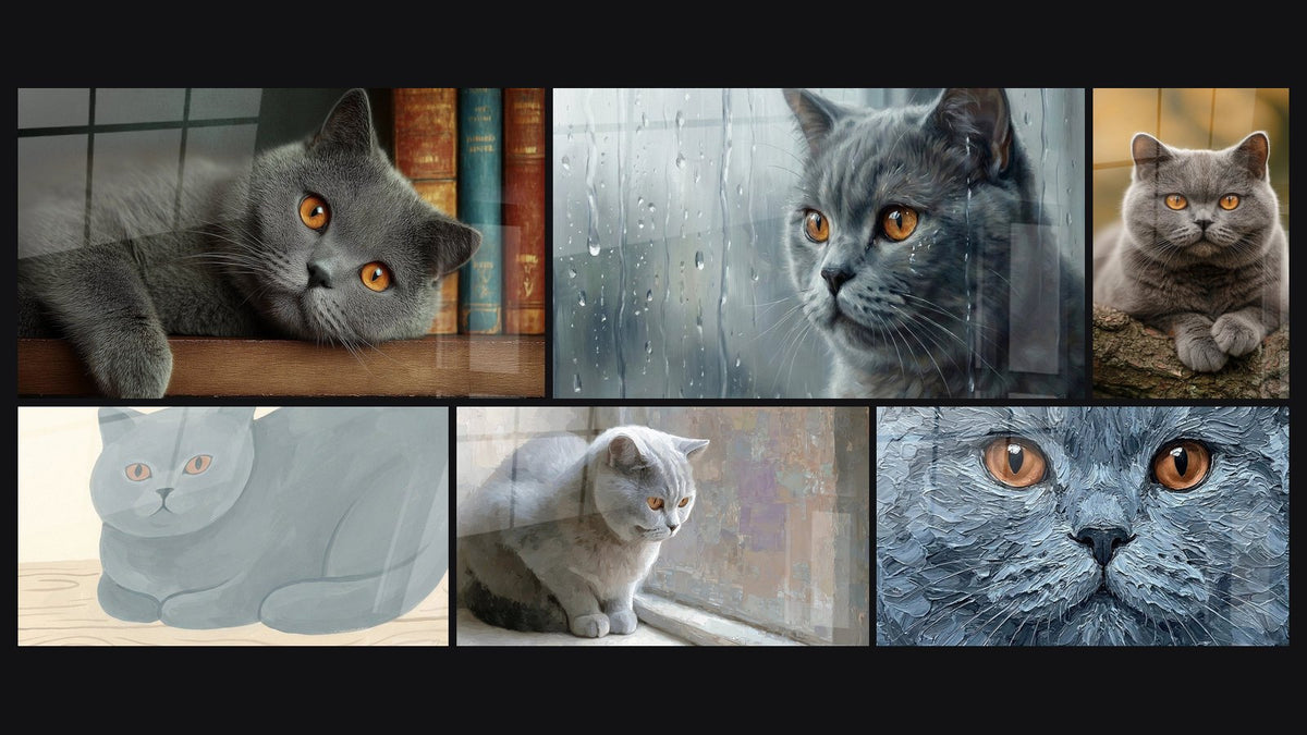 Mosaïque de six tableaux, dont Chat British Shorthair gris sur étagère et Chat British shorthair sous la pluie