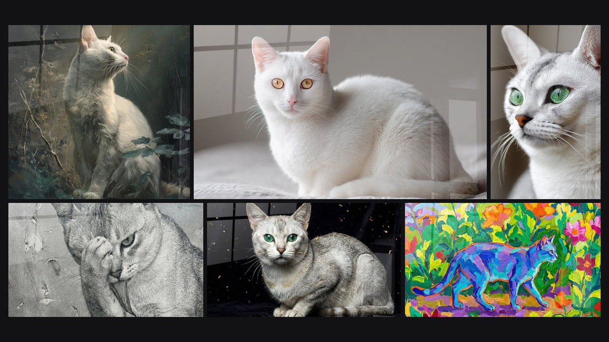 Mosaïque de six tableaux, dont Chat Burmilla Contemplateur, Chat Burmilla Blanc aux Yeux Dorés et Chat Burmilla Yeux Verts