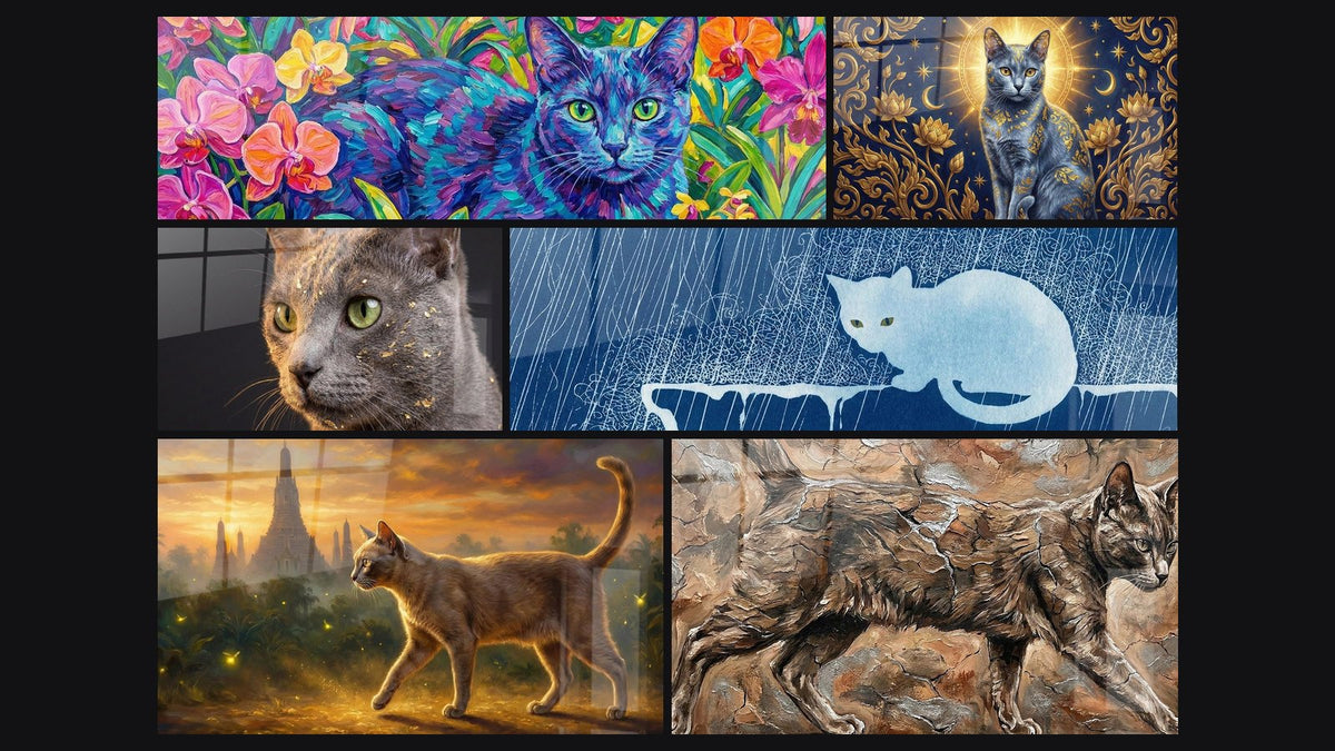 Mosaic of six paintings, including Korat Cat in Tropical Garden, Heavenly Korat Cat and Korat Cat with Green Eyes