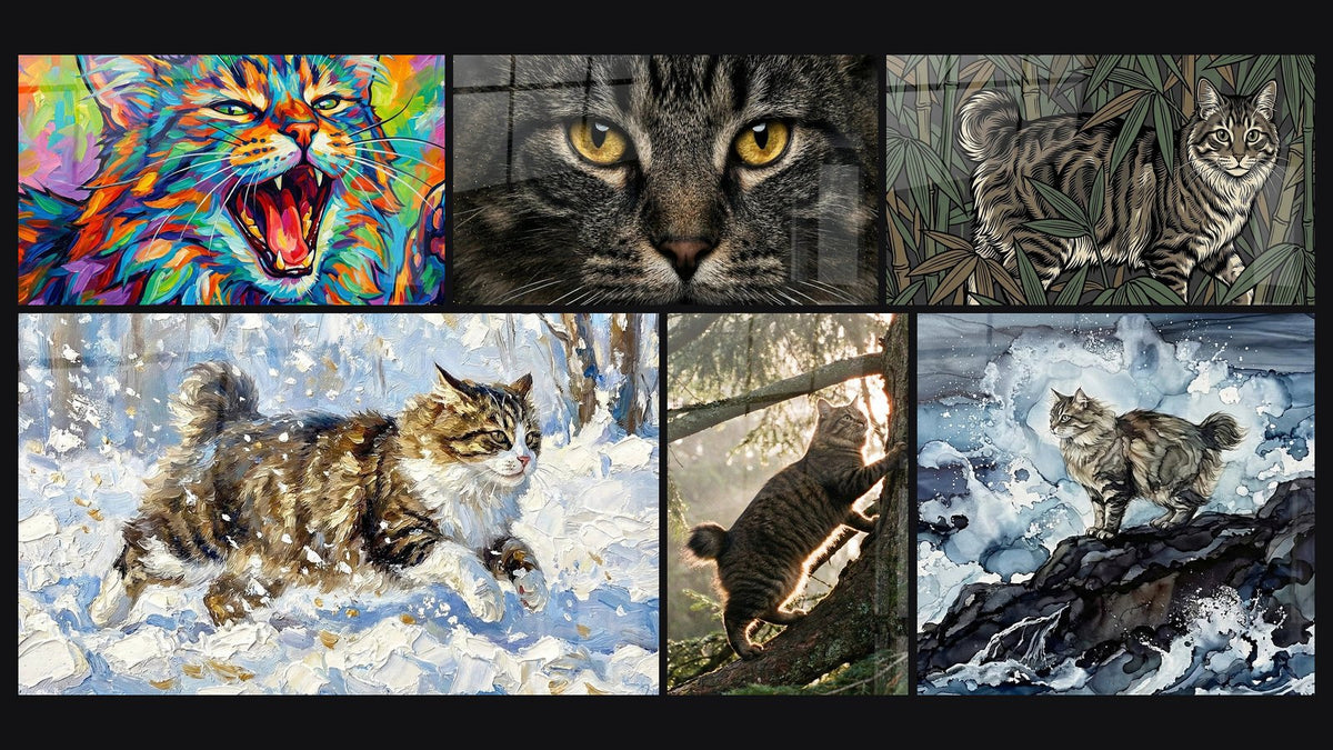 Mosaïque de six tableaux, dont Chat Multicolore Rugissant, Portrait Chat aux Yeux Dorés et Chat dans Bambouseraie