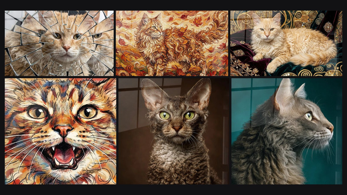 Mosaico di sei quadri, tra cui Chat Laperm Specchio Frantumato, Chat Laperm Autunnale e Chat Laperm Espressivo