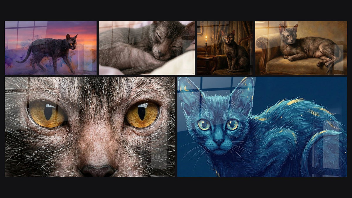 Mosaïque de six tableaux, dont Chat Lykoi Coucher de Soleil, Chat Lykoi Regard Hypnotique et Chat Lykoi endormi