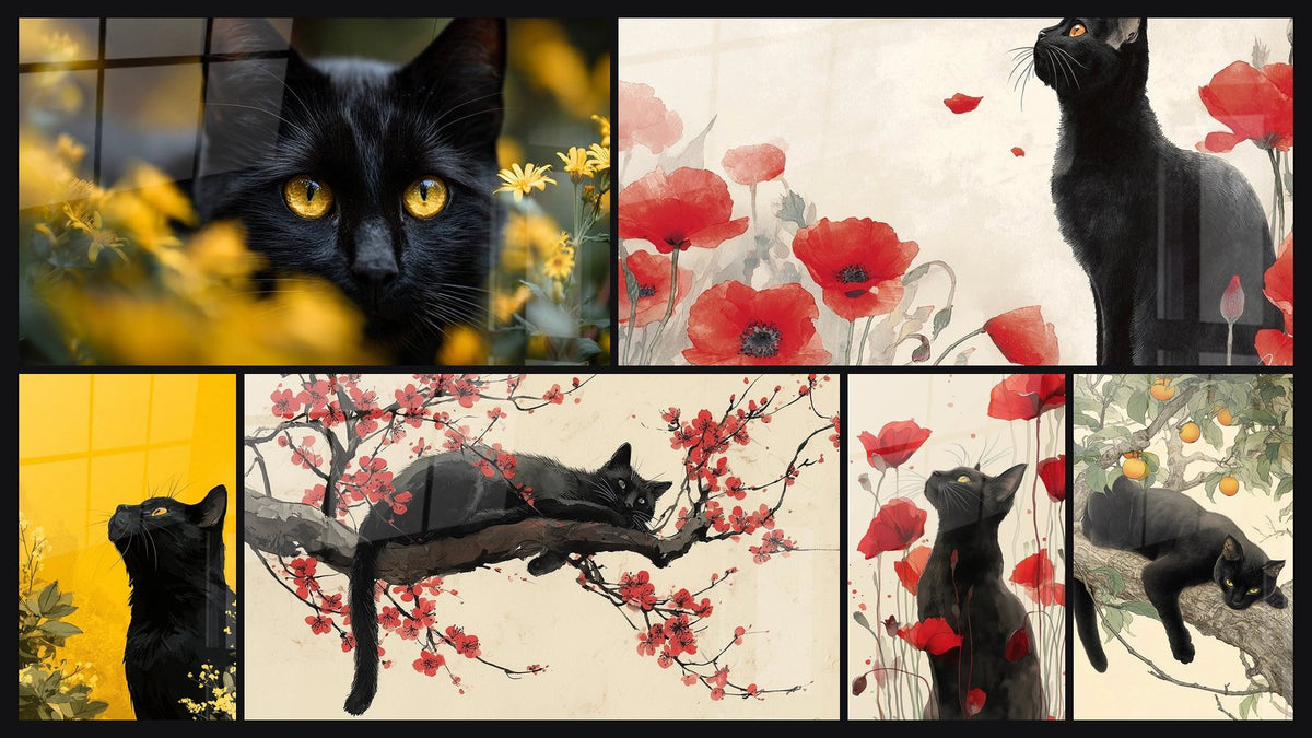Mosaïque de six tableaux, dont Chat Bombay dans les Fleurs Jaunes et Chat Noir aux Fleurs Dorées