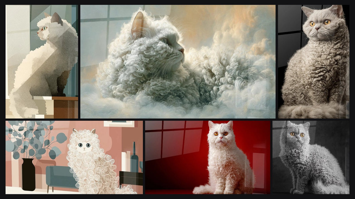 Mosaik aus sechs Gemälden, darunter Selkirk Rex Katze am Fenster und Selkirk Rex Katze Modernes Wohnzimmer