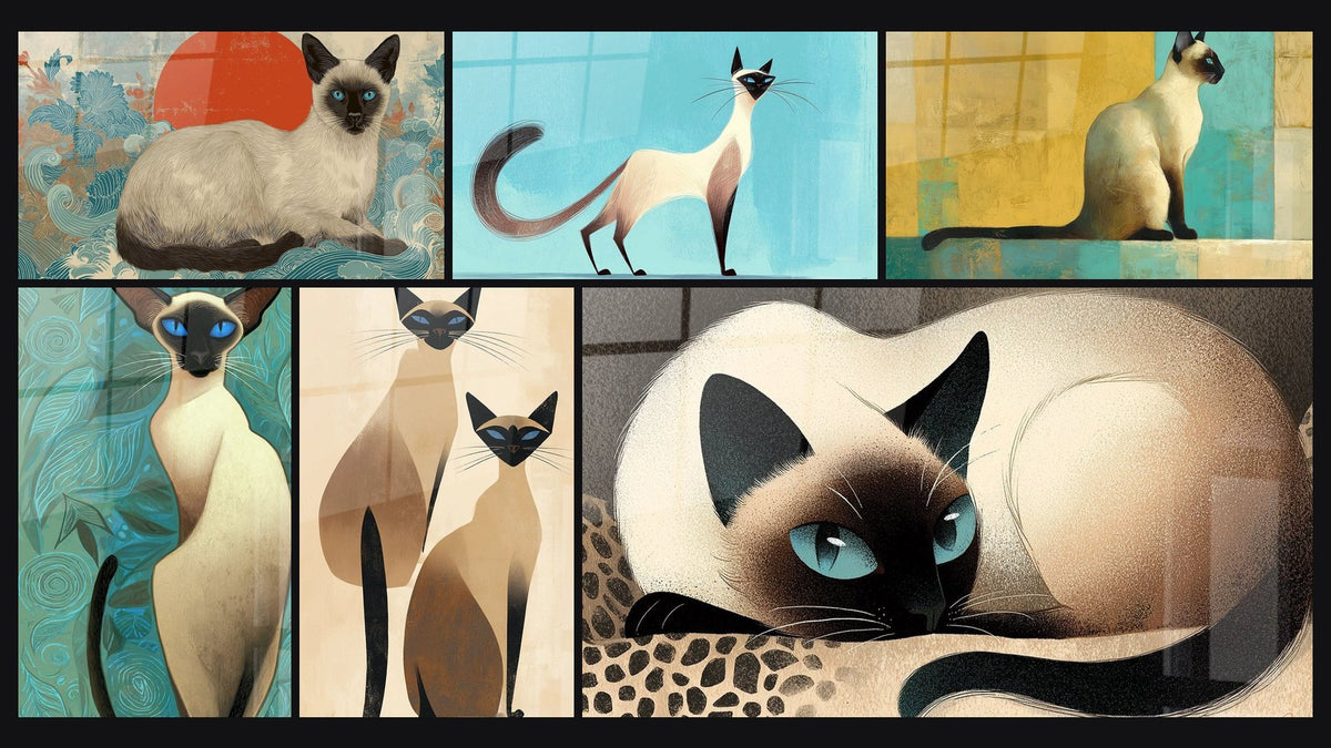 Mosaico di sei quadri, tra cui Chat Siamese su Onde Giapponesi, Chat Siamese con Occhi Blu e Chat Siamese Geometrici