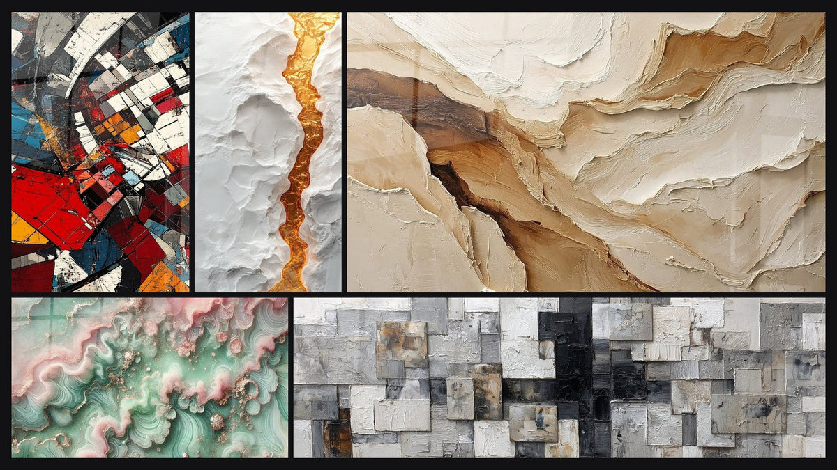 Mosaico de cinco cuadros, entre ellos Revolución Arquitectónica Moderna y Grieta dorada serpentina en relieve blanco