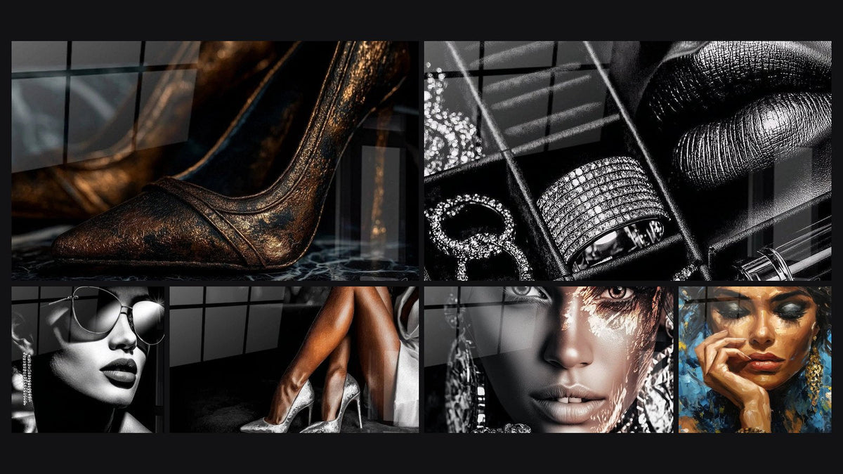 Mosaïque de six tableaux, dont Chaussures, Icône Fashion et Talons Hauts