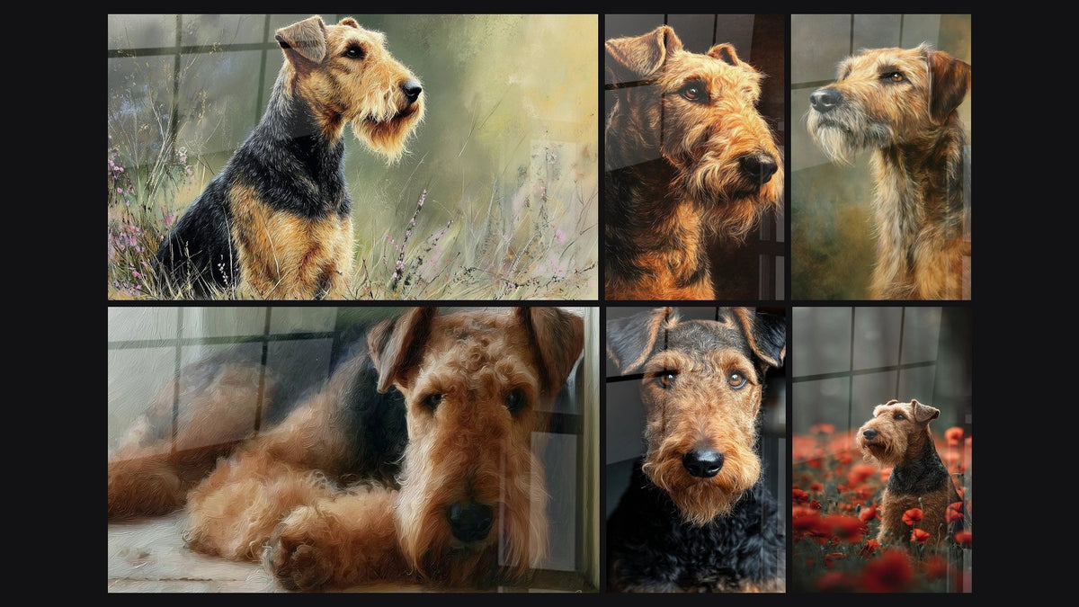 Mosaico de seis cuadros, entre ellos Perro Terrier en Retrato en Pradera Floral y Perro Terrier Acostado en Tonos Cálidos