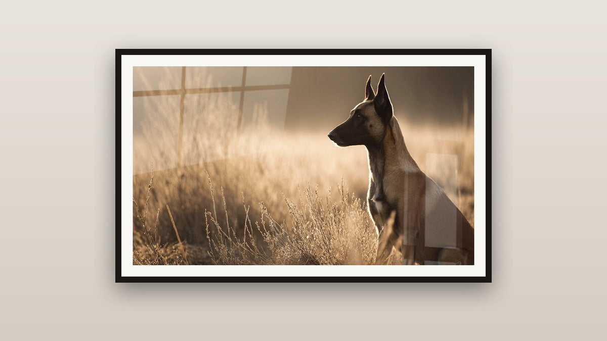 Quadro incorniciato su una parete: Pastore Belga Malinois Profilo Tramonto