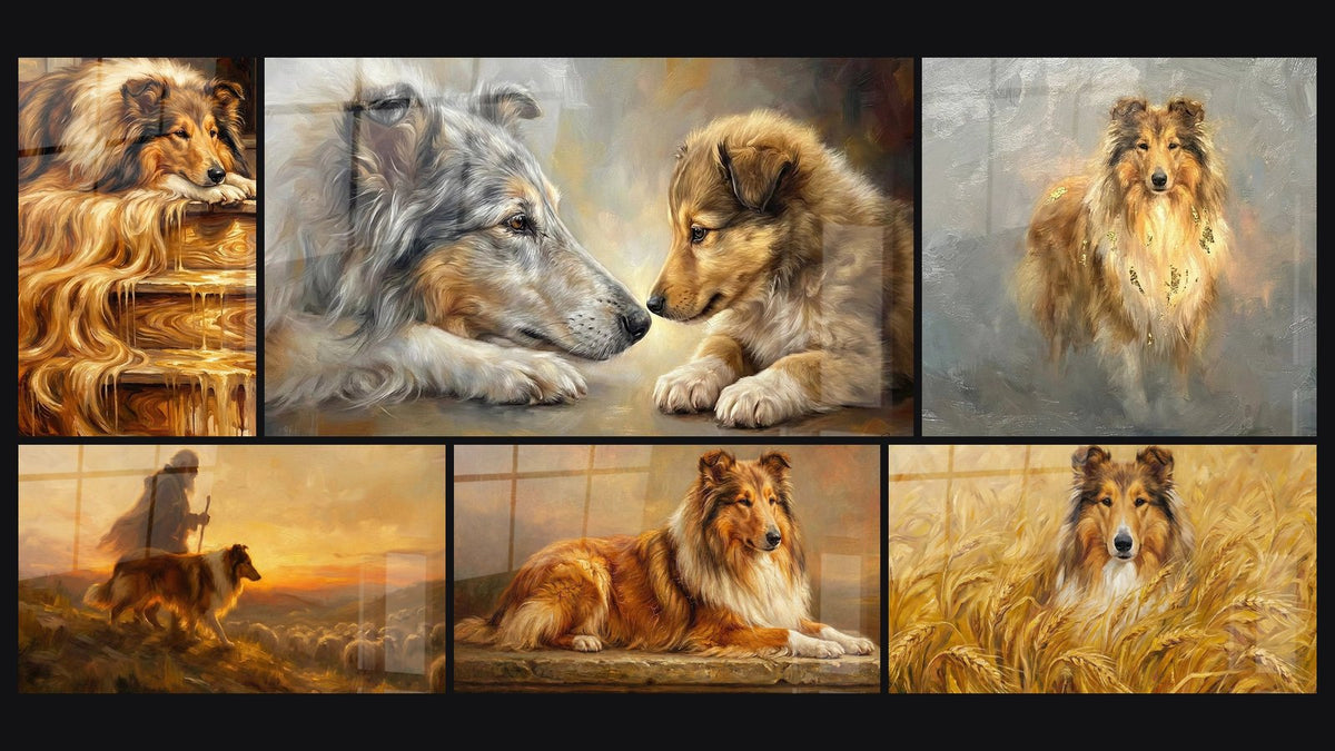 Mosaico de seis cuadros, entre ellos Collie y su Cachorro en Luz Dorada y Pastor y Su Collie al Atardecer