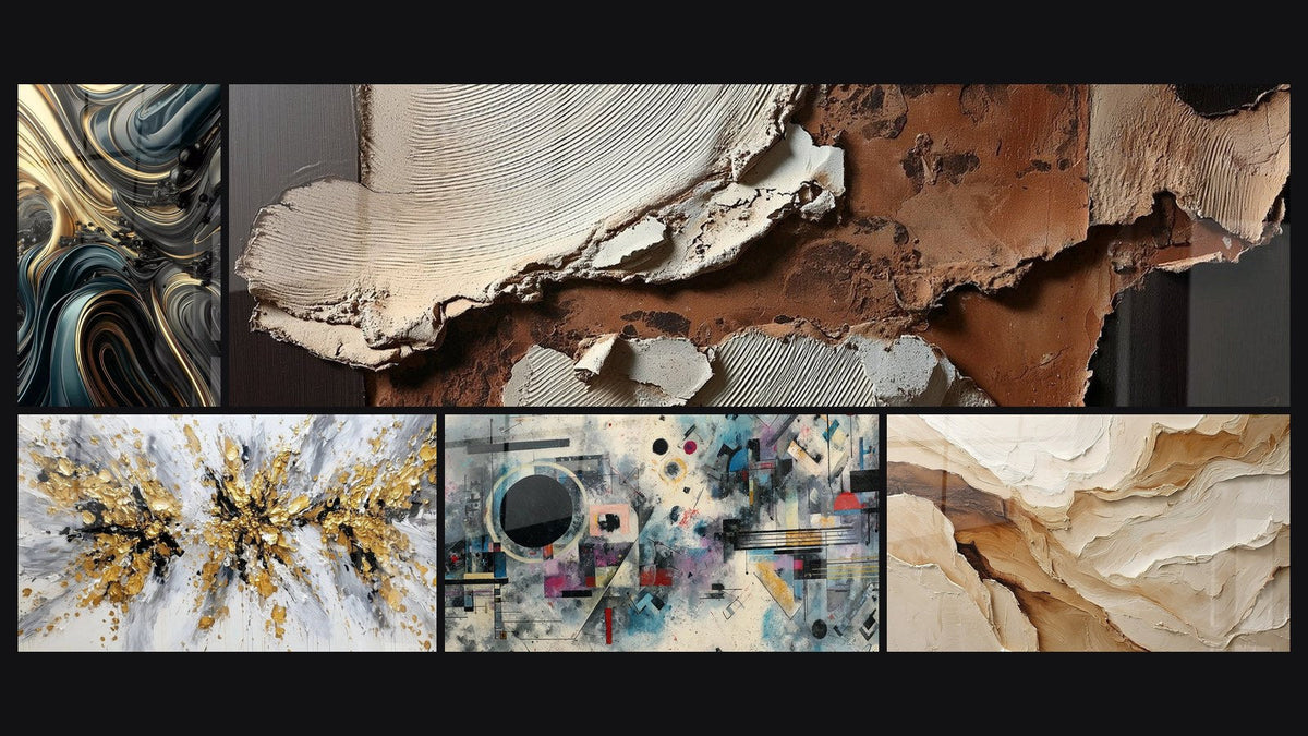 Mosaïque de cinq tableaux, dont Ondulations Opulentes et Explosion dorée et grise sur fond blanc