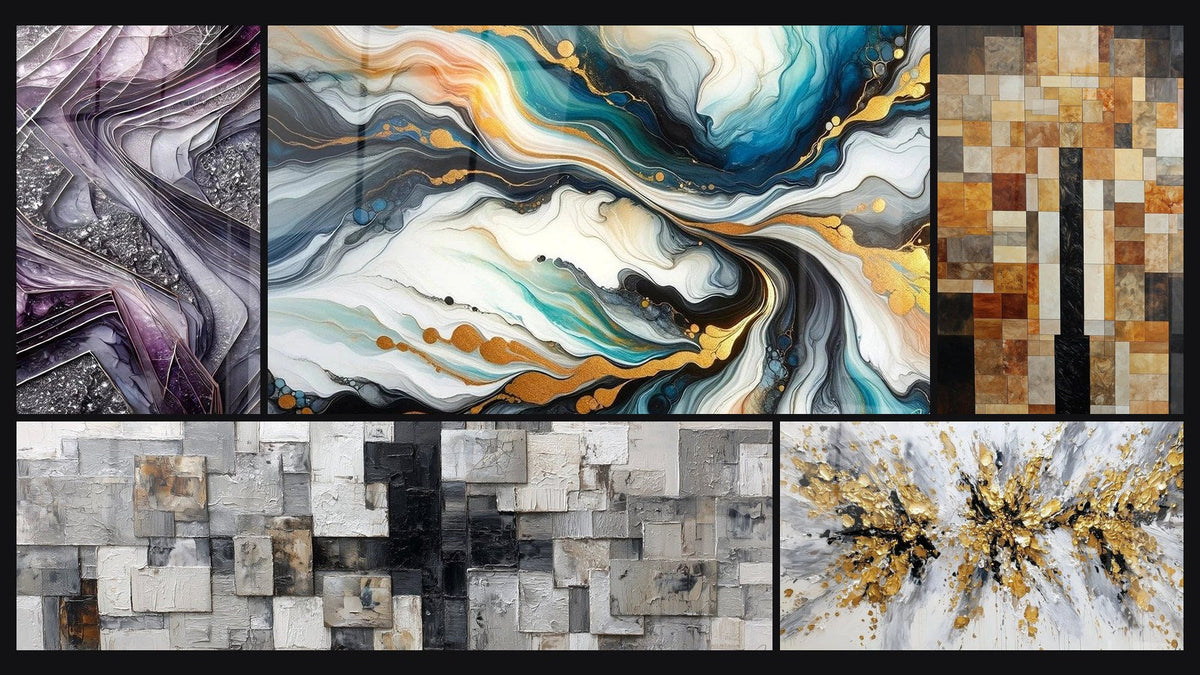 Mosaïque de cinq tableaux, dont Lames de Quartz, Courants Colorés et Explosion dorée et grise sur fond blanc