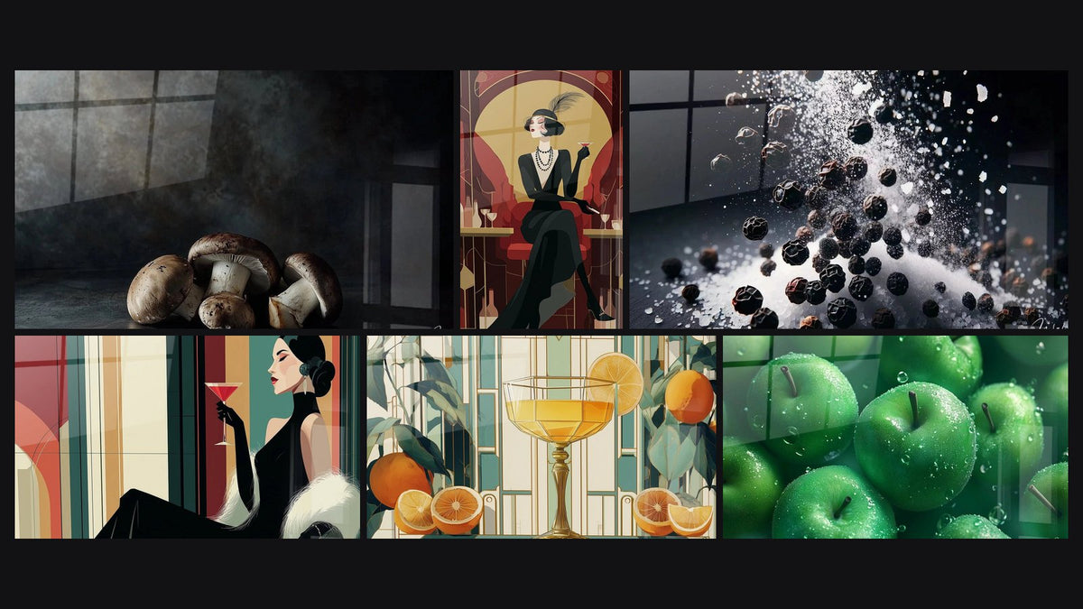 Mosaico di sei quadri, tra cui Funghi N°1, Donna Art Déco Cocktail e Femmina Elegante Art Déco