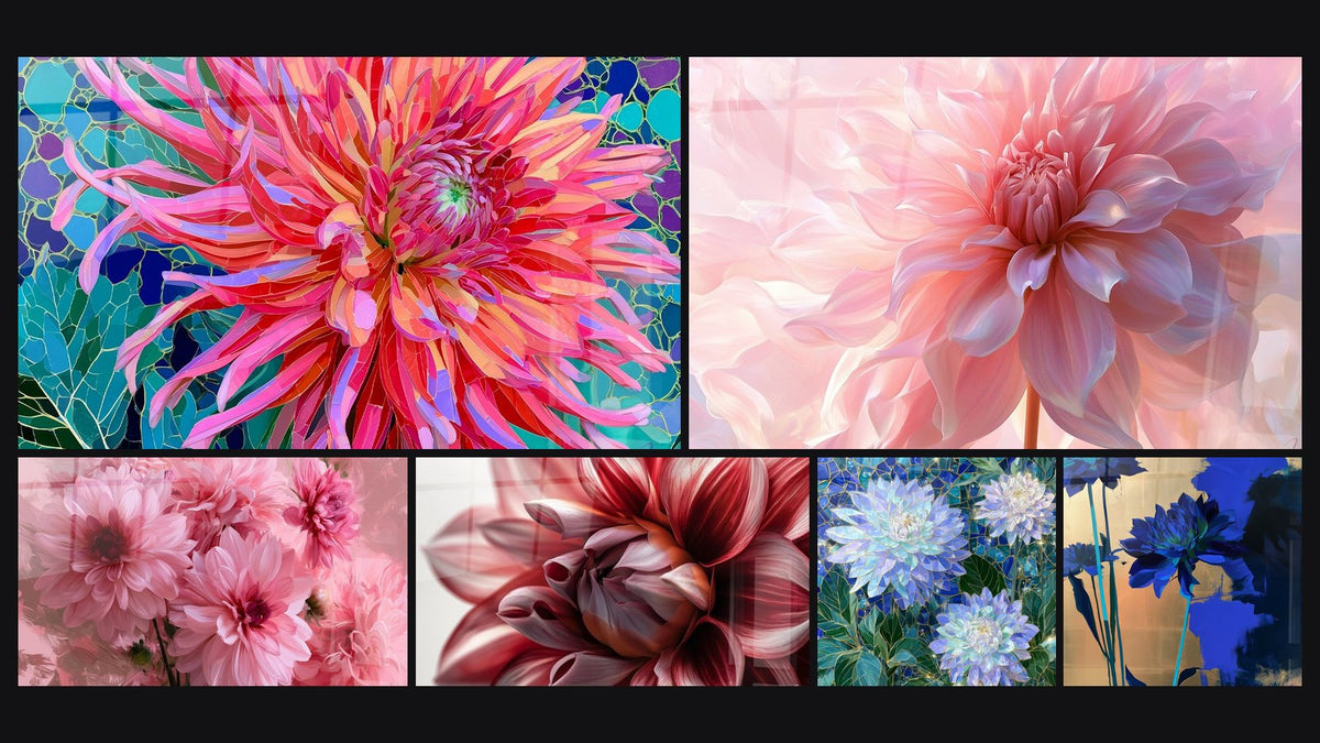 Mosaïque de six tableaux, dont Fleur épanouie rose et lavande, Dahlia N°2 et Dahlias bleu et vert façon vitrail