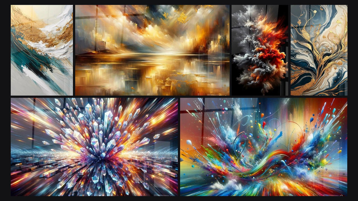 Mosaik aus sechs Gemälden, darunter Goldkamm und Gischt, Goldene Reflexe Stadt und Luminöses Echo-Wandbild der Elemente