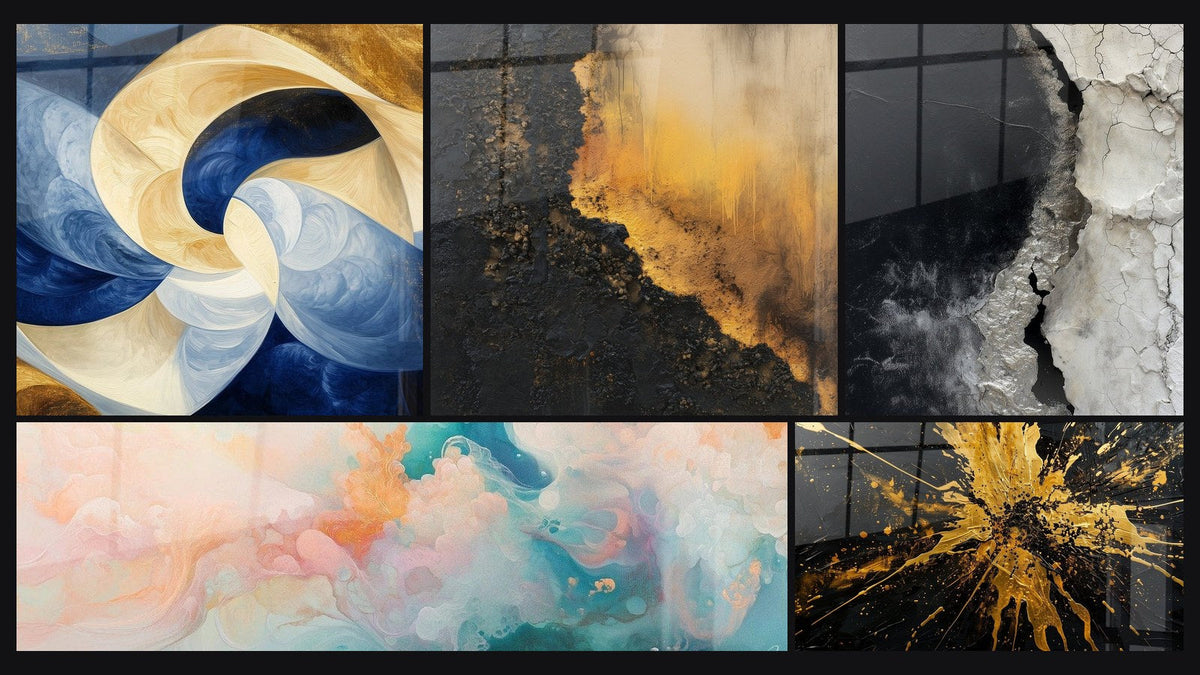 Mosaïque de cinq tableaux, dont Souffle Divin Blanc et Cumulus Flottants Rose